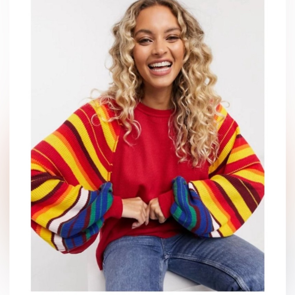 Free People Oversized Red and Yellow Puff Sleeve Sweatshirt